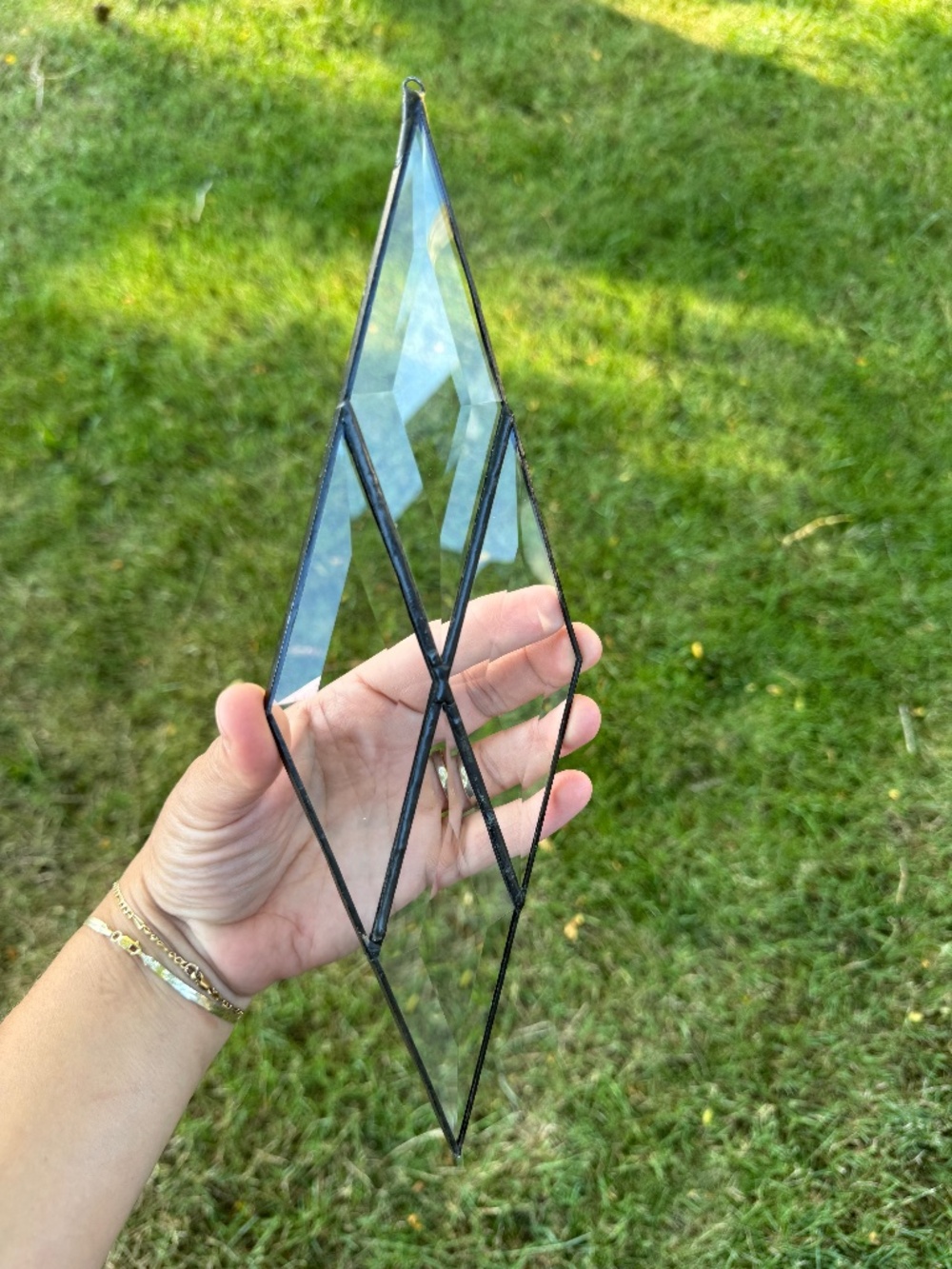 Beautiful Leaded Clear Beveled Stained Glass Sun Catcher Diamond 12” Hanging.